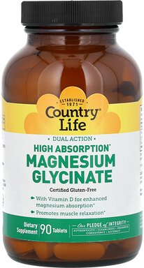 Country Life, Dual Action, High Absorption Magnesium Glycinate, Magnesiumglycinat mit hoher Absorption, 90 Tabletten