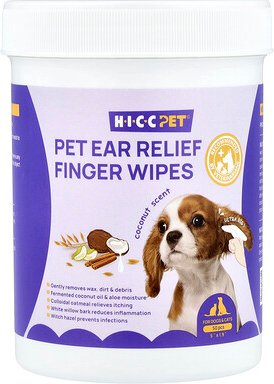 HICC Pet, Pet Ear Relief Finger Wipes, Fingertücher zur Linderung von Tierohren, für Hunde und Katzen, Kokosnuss, 50 Stü...