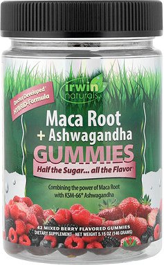Irwin Naturals, Maca Root + Ashwagandha Gummies, Maca-Wurzel + Ashwagandha-Fruchtgummis, Beerenmischung, 42 Fruchtgummis