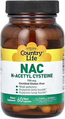 Country Life, NAC, N-Acetyl Cysteine, N-Acetylcystein, 750 mg, 60 vegane Kapseln