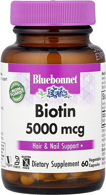 Bluebonnet Nutrition, Biotin, 5.000 mcg, 60 pflanzliche Kapseln