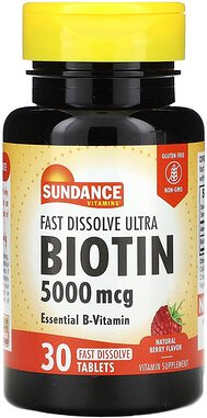 Sundance Vitamins, Fast Dissolve Ultra Biotin, natürliche Beere, 5.000 mcg, 30 schnell auflösende Tabletten