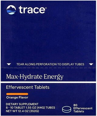 Trace, Max-Hydrate Energy Effervescent Tablets, Orange, 8–10 Tabletten, 44 g (1,55 oz.) Röhrchen