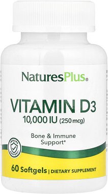 NaturesPlus, Vitamin D3, 250 mcg (10.000 IU), 60 Weichkapseln