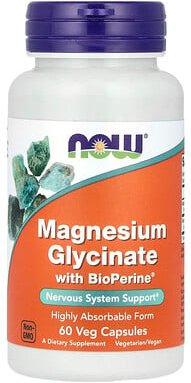 Thumbnail - NOW Foods, Magnesium Glycinate With BioPerine®, Magnesiumglycinat mit BioPerine®, 60 pflanzliche Kapseln