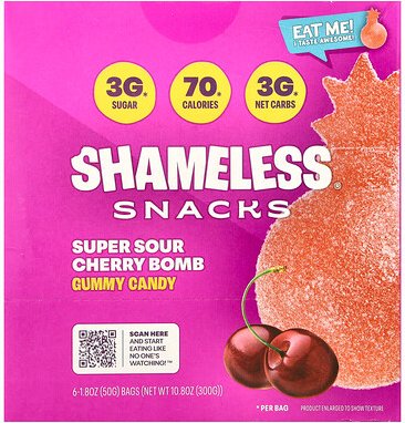 Shameless Snacks, Gummy Candy, Super Sour Cherry Bomb, Fruchtgummis, super saure Kirschbombe, 6 Beutel, je 50 g (1,8 oz....