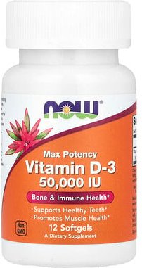 NOW Foods, Vitamin D-3, Vitamin D3 mit maximaler Wirksamkeit, 50.000 IU, 12 Weichkapseln