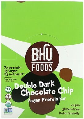BHU Foods, Vegan Protein Riegel, Double Dark Chocolate Chip, 12 Riegel, je 45 g (1,6 oz.)