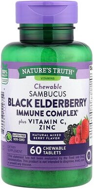 Nature's Truth, Sambucus Black Elderberry Immune Complex Plus Vitamin C und Zink, natürliche Beerenmischung, 60 Kautable...