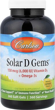 Carlson, Solar D Gems®, Vitamin D3 + Omega-3-Fettsäuren, natürliche Zitrone, 360 Weichkapseln