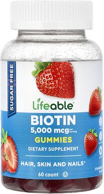 Lifeable, Biotin Gummies, zuckerfrei, natürliche Himbeere, 60 Fruchtgummis (2.500 mcg pro Fruchtgummi)