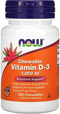 NOW Foods, Chewable Vitamin D-3, Natural Fruit Flavor, kaubares Vitamin D3, natürlicher Fruchtgeschmack, 1.000 IU, 180 K...