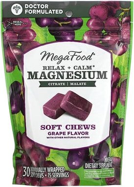 MegaFood, Relax + Calm Magnesium Soft Chews, weiche Magnesium-Kau-Snacks, Traube, 30 einzeln verpackte weiche Kau-Snacks...
