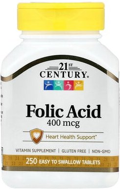 21st Century, Folic Acid, Folsäure, 400 mcg, 250 einfach zu schluckende Tabletten