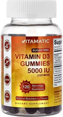 Vitamatic, Vitamin D3 Gummies, Vitamin-D3-Fruchtgummis, zuckerfrei, natürliche Brombeere, 125 mcg (5.000 IU), 120 Frucht...