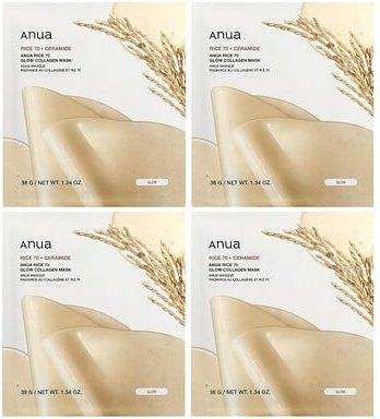 Anua, Rice 70 Glow Collagen Beauty Mask, strahlende Kollagen-Beauty-Maske, 4 Tuchmasken, je 38 g (1,34 oz.).