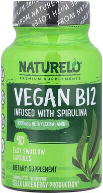 NATURELO, Vegan B12 Infused with Spirulina, veganes B12 mit Spirulina, 90 einfach zu schluckende Kapseln