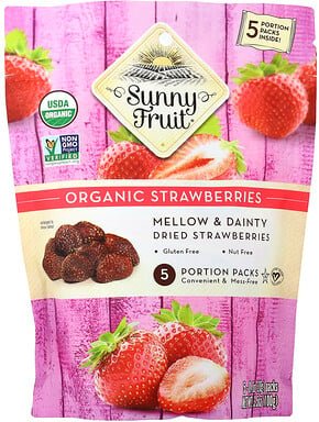 Sunny Fruit, Organic Dried Strawberrys, getrocknete Bio-Erdbeeren, 5 Portionspackungen, je 20 g (0,7 oz.).