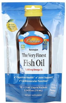 Carlson, Norwegian, The Very Finest Fish Oil, feines Fischöl, natürlicher Zitronengeschmack, 15 Päckchen, je 5 ml