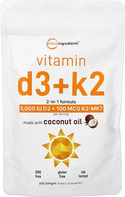 Micro Ingredients, Vitamin D3 + K2, 300 Weichkapseln