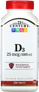 21st Century, Vitamin D3, 25 mcg (1.000 IU), 500 Tabletten
