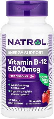 Natrol, Vitamin B-12, Fast Dissolve, Vitamin B12, schnell auflösend, maximale Stärke, Erdbeere, 5.000 mcg, 100 Tabletten