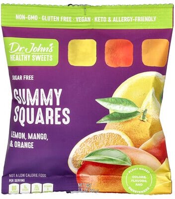 Thumbnail - Dr. John's Healthy Sweets, Gummy Squares, Gummy Squares, zuckerfrei, Zitrone, Mango und Orange, 50 g (1,8 oz.)