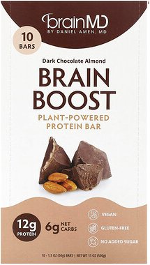 BrainMD, Brain Boost, pflanzlicher Proteinriegel, dunkle Schokolade-Mandel, 10 Riegel, je 50 g (1,5 oz.)