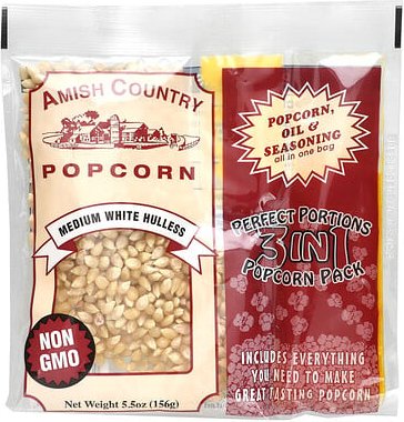 Amish Country Popcorn, Perfect Portions 3 in 1 Popcorn Pack, Medium White Hullless, 156 g (5,5 oz.)