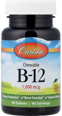 Carlson, Chewable B-12, B12 als Kautablette, natürlicher Zitronengeschmack, 1.000 mcg, 90 Tabletten