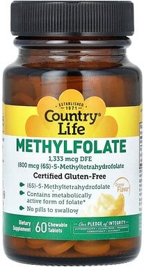 Country Life, Methylfolate, Methylfolat, Orange, 1.333 mcg DFE, 60 Kautabletten