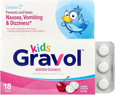 Gravol, Kids, Motion Sickness, Reisekrankheit, Kinder ab 2 Jahren, Kirsche, 15 mg, 18 Tabletten