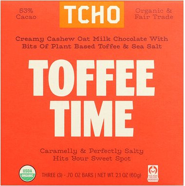 TCHO, Toffee Time, Hafermilchschokolade mit pflanzlichen Toffeestückchen und Meersalz, 53% Kakao, 3 Riegel, je 0,70 oz