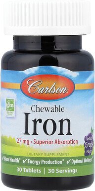 Carlson, Chewable Iron, kaubares Eisen, natürlicher Traubengeschmack, 27 mg, 30 Tabletten