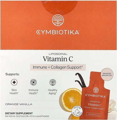 Cymbiotika, Liposomal Vitamin C, liposomales Vitamin C, Orange-Vanille, 28 Päckchen, je 15 ml (0,5 fl. oz.).