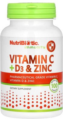 NutriBiotic, Immunität, Vitamin C + D3 und Zink, 100 Kapseln