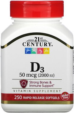 21st Century, Vitamin D3, 50 mcg (2.000 IU), 250 Weichkapseln