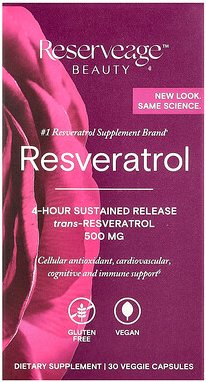 Reserveage Beauty, Resveratrol, Trans-Resveratrol, 500 mg, 30 vegetarische Kapseln