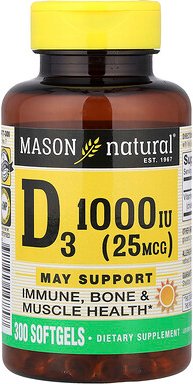 Mason Natural, Vitamin D3, 25 mcg (1.000 IU), 300 Weichkapseln