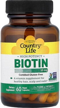 Country Life, Biotin, hochwirksam, 10 mg, 60 vegane Kapseln