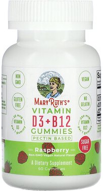 MaryRuth's, Vitamin D3 + B12 Fruchtgummis, auf Pektin basierend, Himbeere, 60 Fruchtgummis