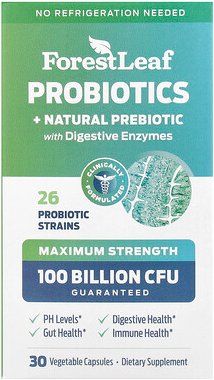 Forest Leaf, Probiotics + Natural Prebiotic with Digestive Enzymes, Probiotika + natürliches Präbiotikum mit Verdauungse...
