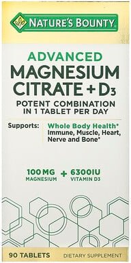 Nature's Bounty, Advanced Magnesium Citrate + D3, verbessertes Magnesiumcitrat + D3, 90 Tabletten