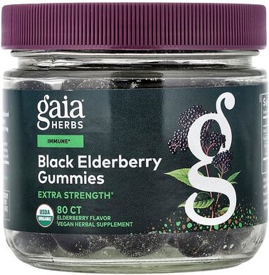 Gaia Herbs, Black Elderberry Gummies, Schwarzer-Holunder-Fruchtgummis, 80 Fruchtgummis