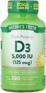 Nature's Truth, Hochwirksames Vitamin D3, 125 mcg (5000 IU), 300 Weichkapseln mit schneller Freisetzung