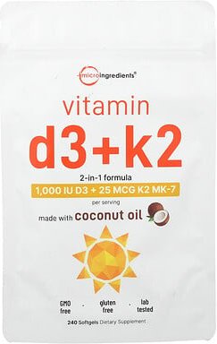 Micro Ingredients, Vitamin D3 + K2, 240 Weichkapseln