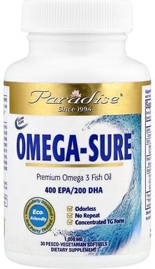 Paradise Herbs, Omega Sure®, Premium Omega-3 Fish Oil, hochwertiges Omega-3-Fischöl, 1.000 mg, 30 vegetarische Pisco-Wei...