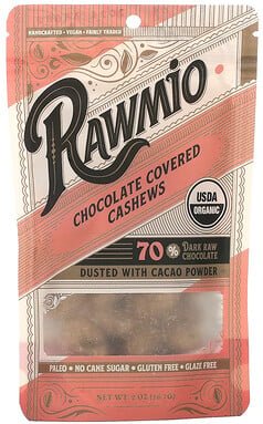 Rawmio, Cashews mit Schokoladenüberzug, 70% dunkle rohe Schokolade, 56,7 g (2 oz.)