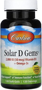 Carlson, Solar D Gems®, Vitamin D3 + Omega-3s, natürliche Zitrone, 120 Weichkapseln