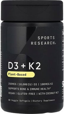 Sports Research, D3 + K2, auf pflanzlicher Basis, 250 mcg/100 mcg, 60 vegetarische Weichkapseln